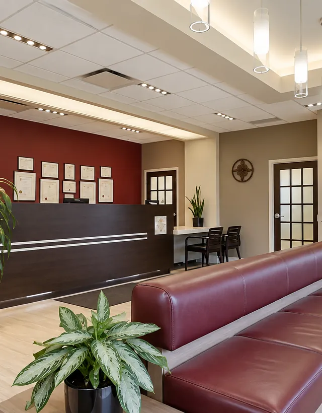 Reception desk and waiting area at the Dr. Kevin J. McCann oral surgery office in Waterloo